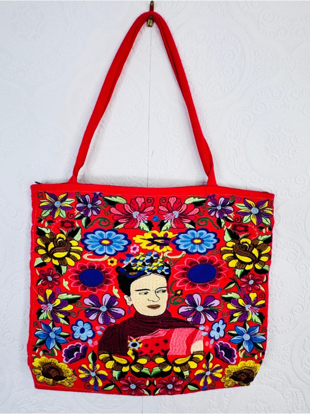 Frida Kahlo Handmade Mexican Floral Embroidery Tote Canvas Pink Boho Bag Purse